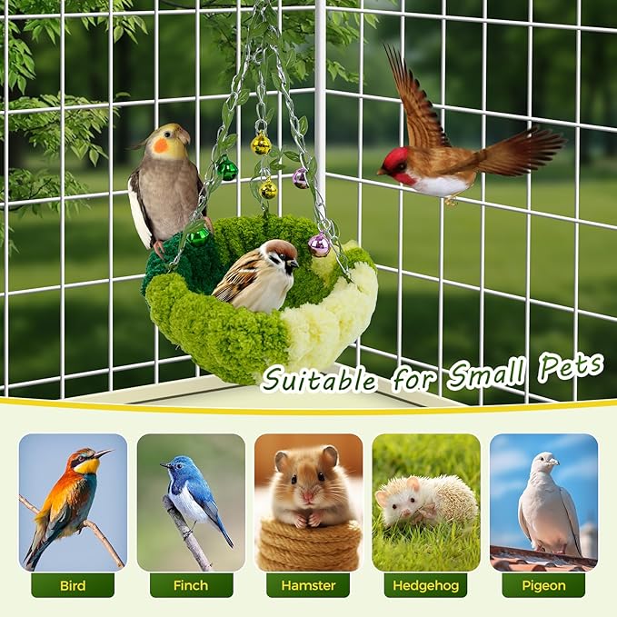 Bird Nest with Bell for Cage,Plush Hanging Bird Bed for Parakeet Indoor & Outdoor,Breeding Bird House for Conure,Budgie,Cockatiel,Lovebird,Canary,Finch,Hamster,Small Pets,Warm Nest,Green S