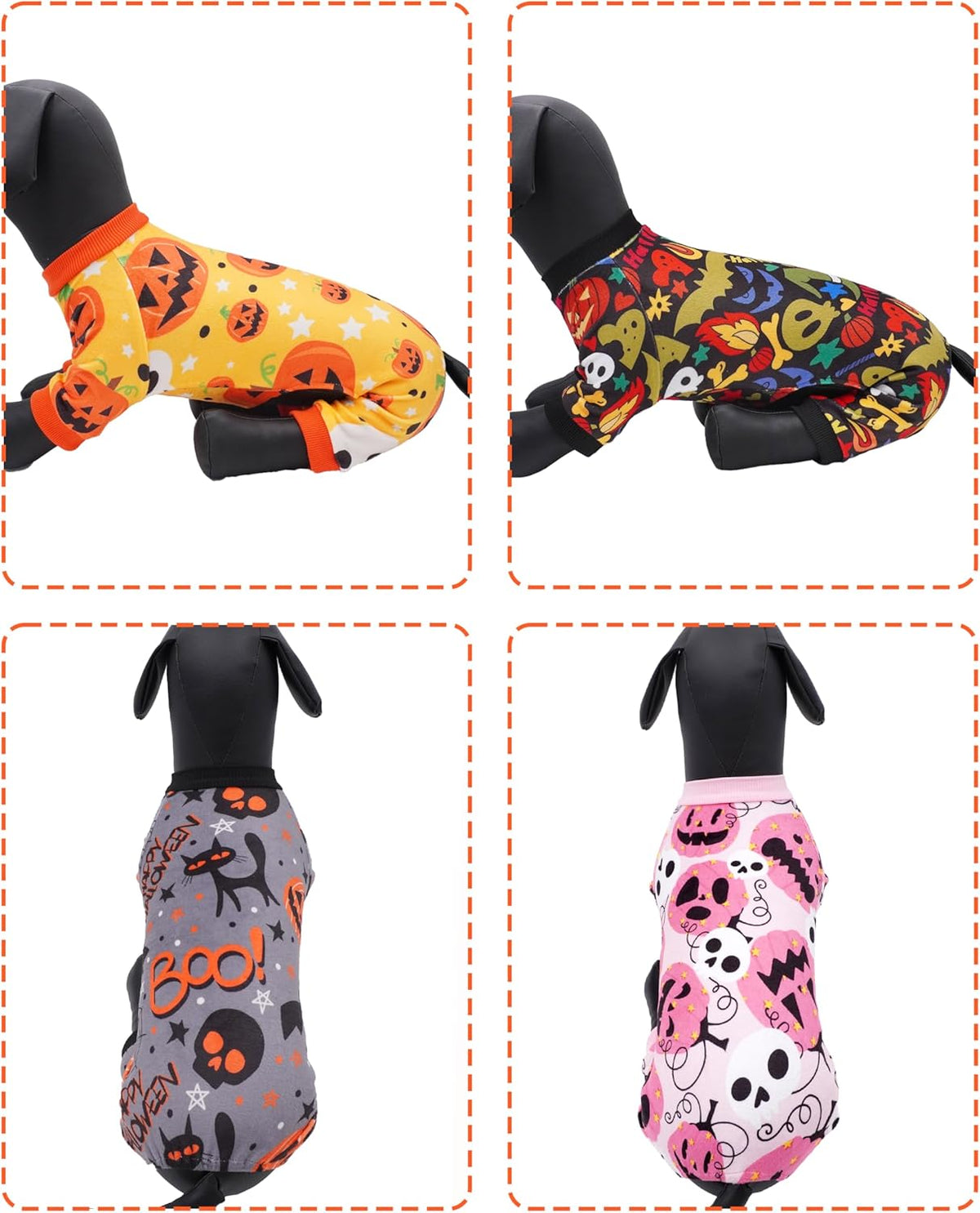 PET SHOW 4 Pack Halloween Small Dog Pajamas for Medium Dogs Onesie Pumpkin Ghost Soft Fleece Stretchy Jumpsuit Costume Boy Girl Pets PJs with Sleeve Clothes(L)