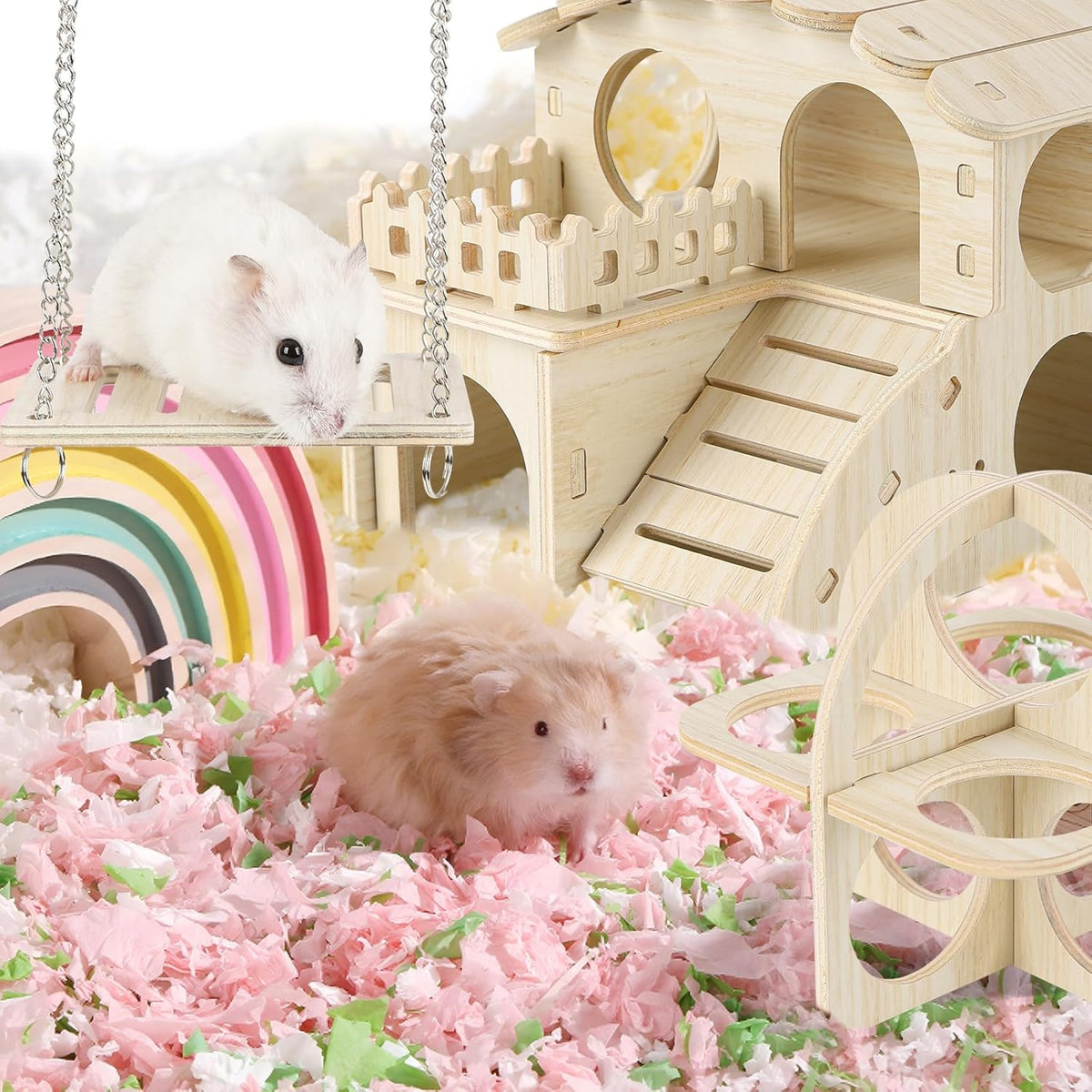 Wooden Hamster Toys 5-Piece Set - Natural Wood Hamster House, Swing, Climbing Ladder, Seesaw & Exercise Wheel - Small Animal Habitat Accessories for Dwarf Hamsters, Gerbils, Mice