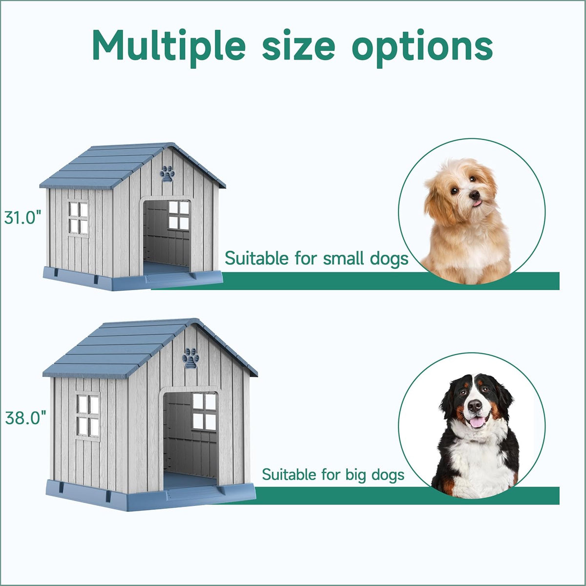 DRATO Dog House Indoor Outdoor for Small to Large Sized Dogs Indoor Outdoor Doghouse Puppy Shelter with Elevated Floor, Easy to Assemble (Blue, 38Inch(37.8 * 40.87 * 38.82))