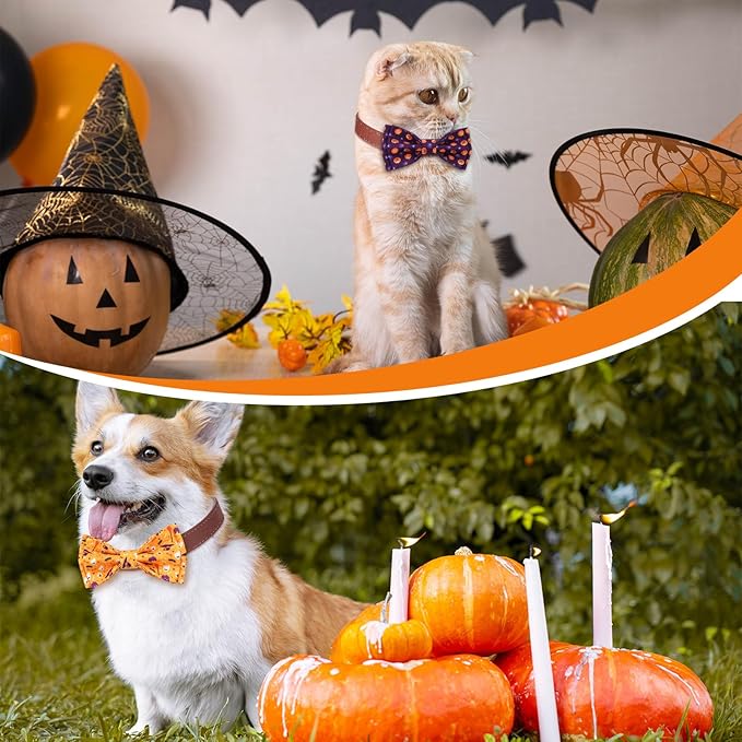 Hillban 50 Pieces Halloween Collar Dog Bow Ties Accessories for Dogs Bow Ties Attachment with Elastic Bands Dog Collar Detachable Charms for Halloween Dogs Collar Accessories
