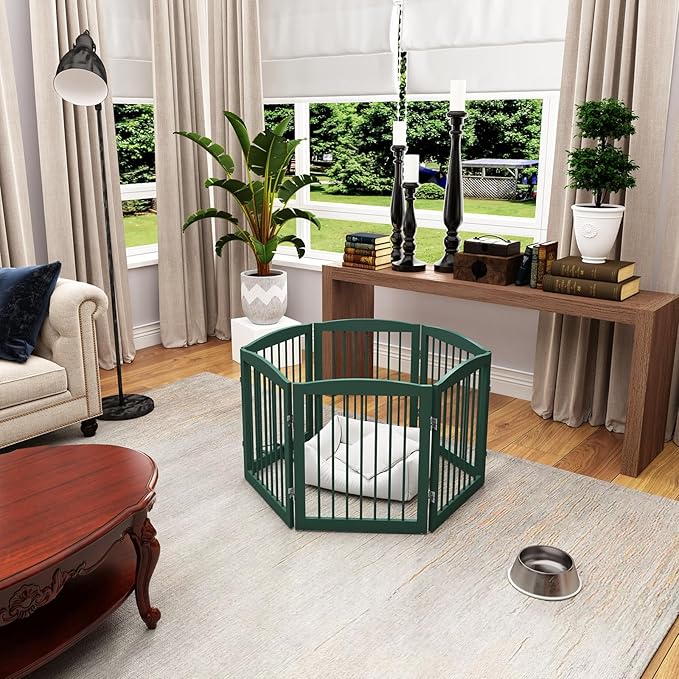 Freestanding Pet Gate for Dogs, Foldable Wooden Dog Gate for House, Extra Wide Indoor Pet Barrier for Stair, Doorway, Hall, Support Feet Included, 120 Inch Wide, 6 Panels 24",Green