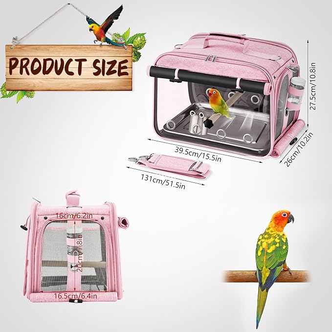 Suertree Bird Carrier Airline Approved, Bird Travel Cage with Indestructible Stainless Steel Mesh, Bird Travel Bag Lightweight and Portable with Water Bottle and Bowl