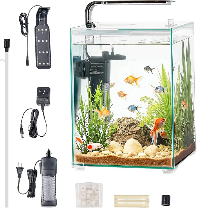 VEVOR Fish Tank Aquarium, 5 Gallon Square Ultra-Clear Glass Starter Smart Tank Adjustable 3 Color Lighting, Self Cleaning System Fishbowl for Freshwater & Saltwater Fish Home, Office, or Pet Use