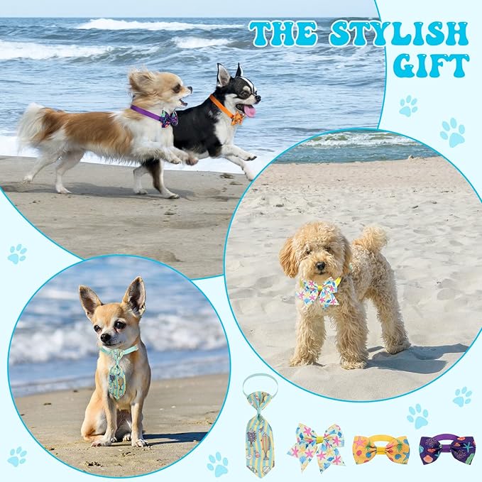 Reginary 100 Pieces Dog Bow Tie Collar Set Include 40 Dog Neckties, and 30 Puppy Bowties, 30 Collar Flowers, Adjustable Pet Ties Grooming for Small Medium Cats Pets Supply(Ocean)