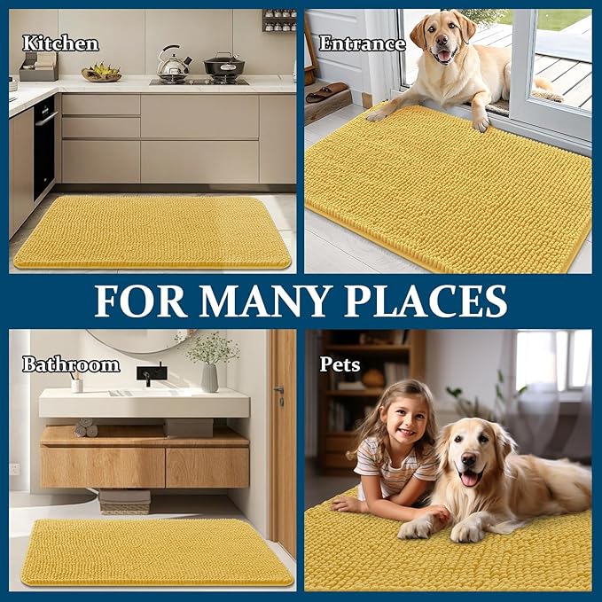 OLANLY Dog Door Mat for Muddy Paws 30x20, Absorbs Moisture and Dirt, Absorbent Non-Slip Washable Doormat, Quick Dry Chenille Mud Mat for Dogs, Entry Indoor Entryway Carpet for Inside Floor, Yellow