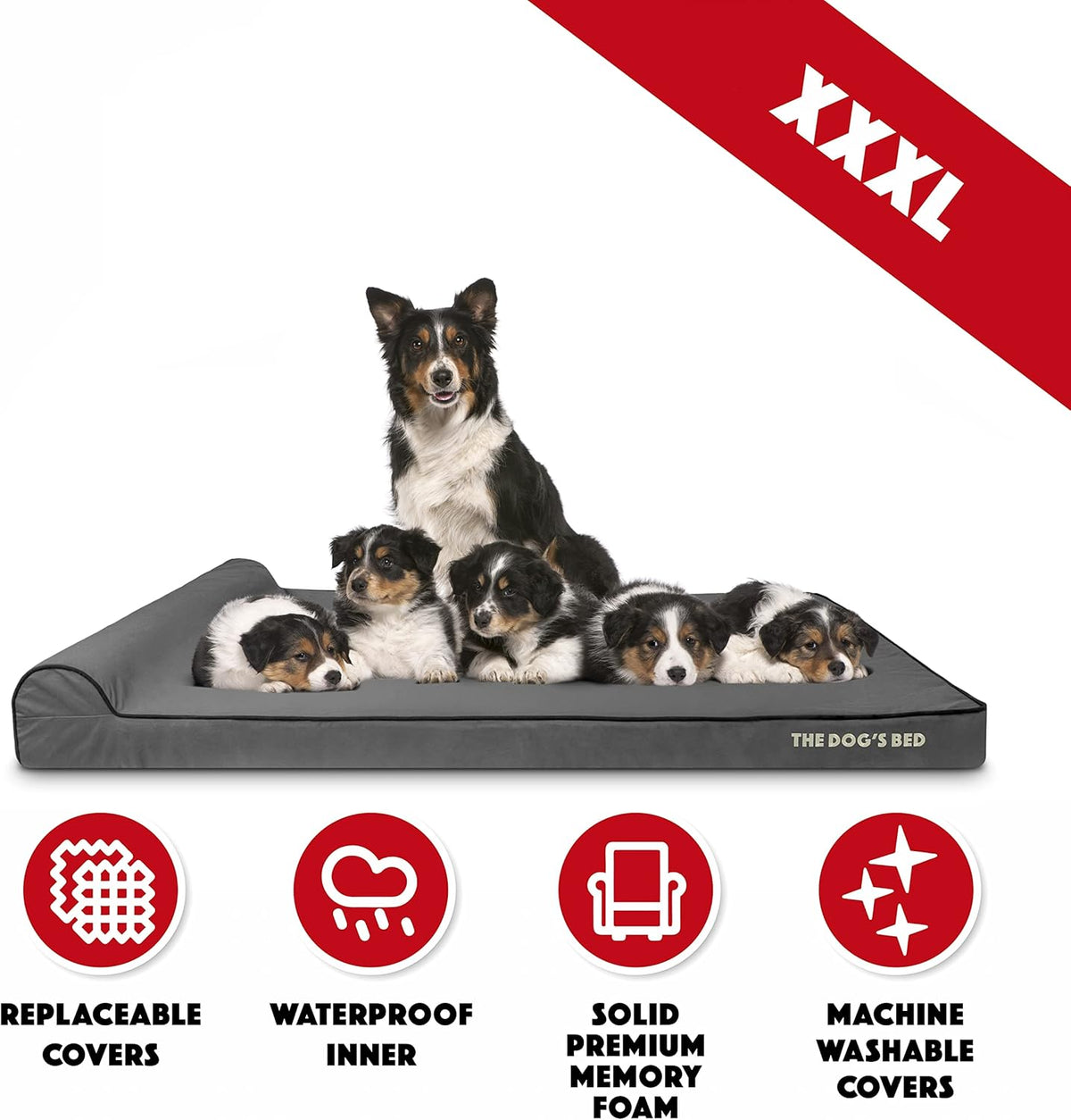 The Dog’s Bed Orthopedic Headrest Dog Bed XXXL Grey/Black 64x44, Memory Foam, Pain Relief for Arthritis, Hip & Elbow Dysplasia, Post Surgery, Lameness, Veterinary Approved, Waterproof Washable Cover