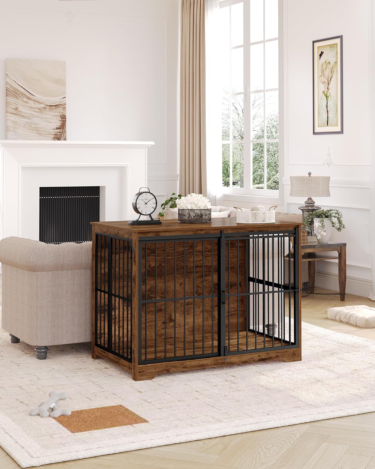 XXL Large Dog Crate Furniture, 46.9" Indoor Dog Kennel Furniture with Barn Door, Wooden Tall Dog Crate, Heavy Duty Dog Cage for Large Dogs, Side End Table, Anti-Chew, Rustic Brown DFC83801B
