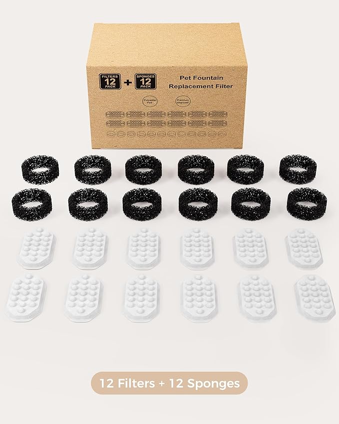 Official 12 Pack Cat Water Fountain Replacement Filters & Pre-Filter Sponges for 108oz/3.2 Stainless Steel Pet Water Fountain