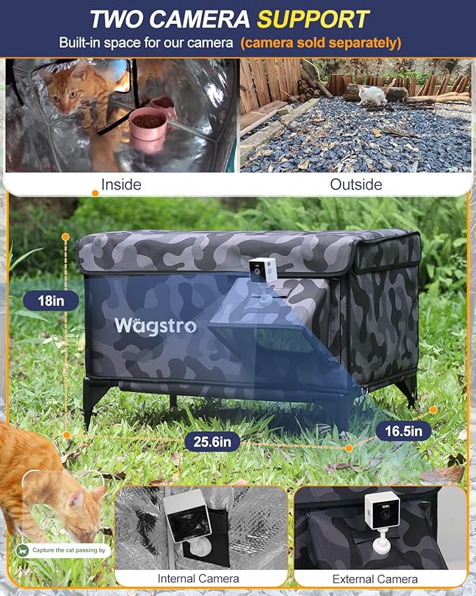 Heated Cat House for Outside, Insulated Weatherproof Heated Outdoor Cat House with Waterproof Eaves & Escape Door, Elevated Outdoor Cat Shelter for Feral Stray Cat (Black Camo, 25.6"x16.5"x18")