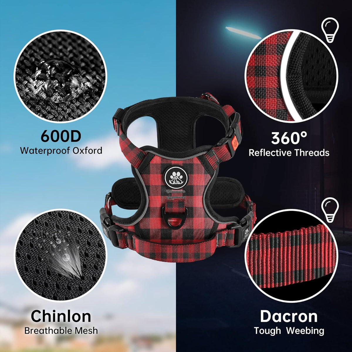 NESTROAD No Pull Dog Harness with Leash, Reflective No Choke Pet Vest Harness,Adjustable Soft Padded Dog Harness with Easy Control Handle for Large Dogs(Checkered Red,X-Large)
