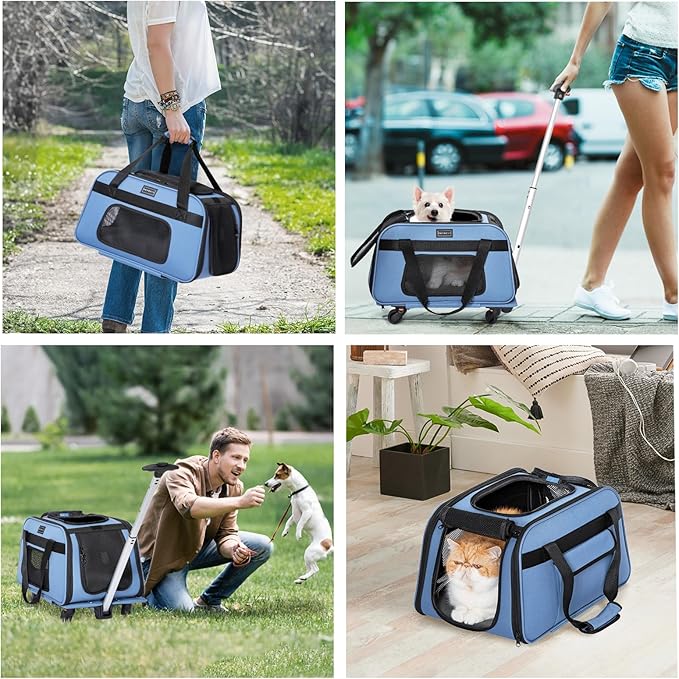 Petsfit Pet Carrier with Wheels, Rolling Cat Carrier for Small Cats, Airline Approved Pet Carrier with Telescopic Handle Perfect for Travelling Under 13lb,Blue