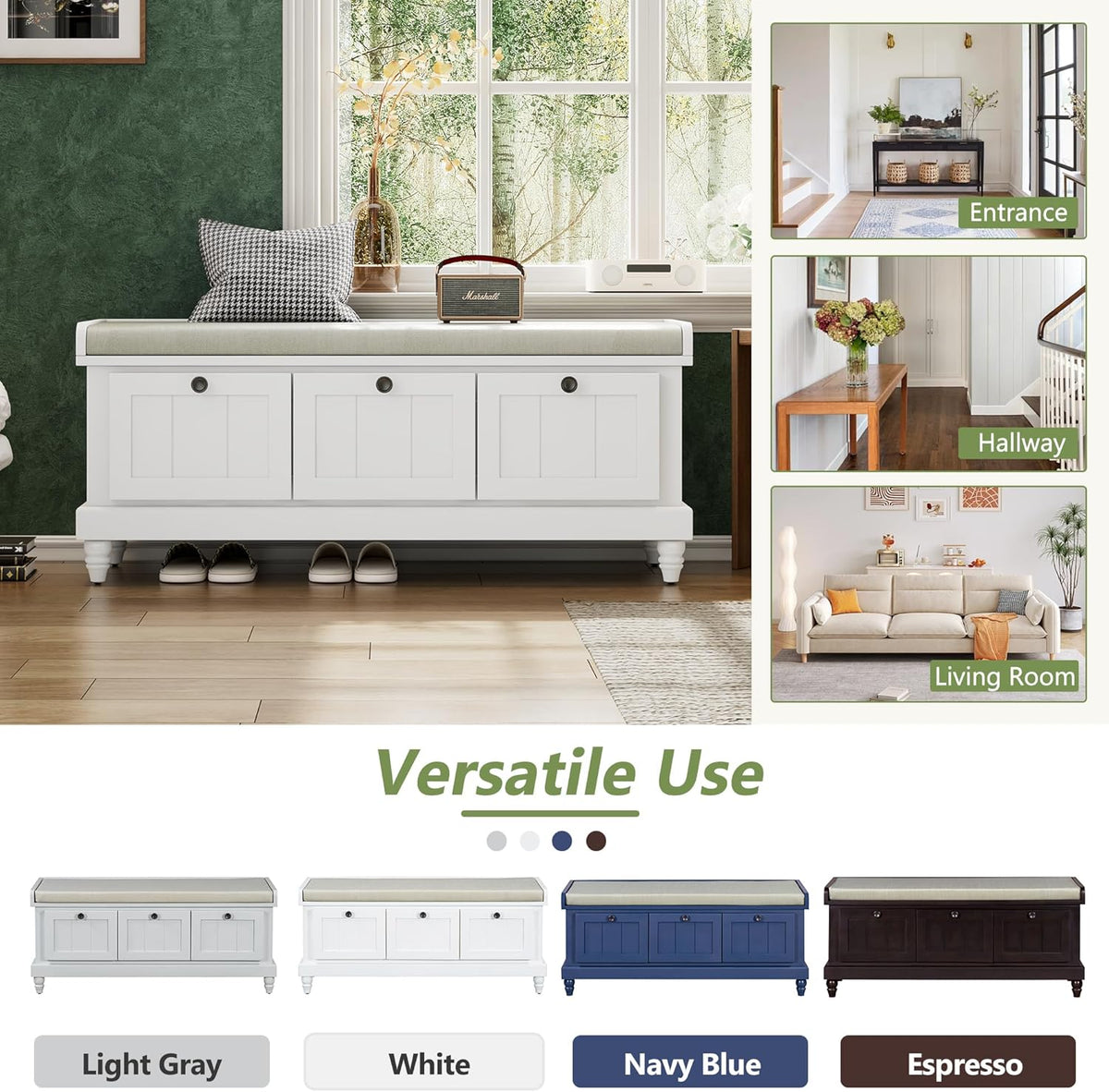 Classic Shoe Storage Bench with Cushion and Three Drawers, Fluted Entryway Bench with Storage for Entryway, Living Room, Hallways 44.0" L x 15.9" W x 18.9" H White