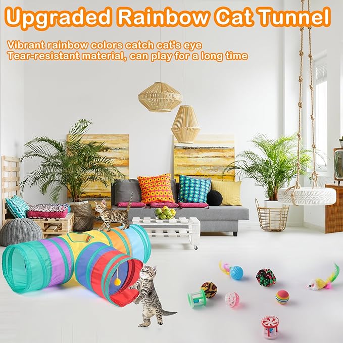 Wettarn 22 Pieces Cat Toys Set, with 2 Collapsible Tunnels for Indoor Cats and 20 Kitten Toys Tubes and Tunnels Interactive Feather Mouse Crinkle Balls for Pets Puppies(Colorful)
