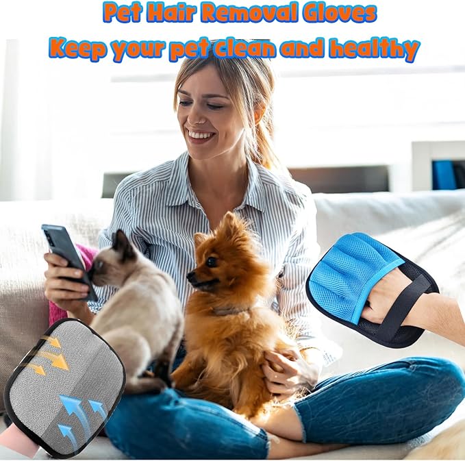 Blue Pet Hair Removal Gloves for Dogs,Pet Hair Collector Keychain,Five-Finger Cat Grooming Gloves ,Reusable Electrostatic Pet Hair Removal Tool for Furniture,Car,Couch,Carpet,Essential Pet Supplies