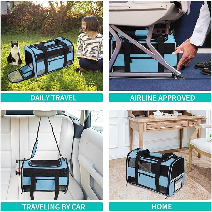 Soft - Sided Pet Carrier for Cats and Small Dogs, Airline - Approved, Blue Travel Tote with Mesh Windows, Foldable Bowl, Shoulder Strap, Oeko - TEX Certified