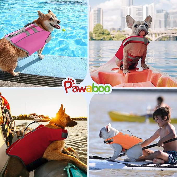 Pawaboo Dog Life Jacket, Reflective Dog Safety Vest Adjustable Pet Life Preserver with Strong Buoyancy & Sturdy Rescue Handle, Ripstop Dog Lifesaver Vests for Swimming, Boating, XL, Orange