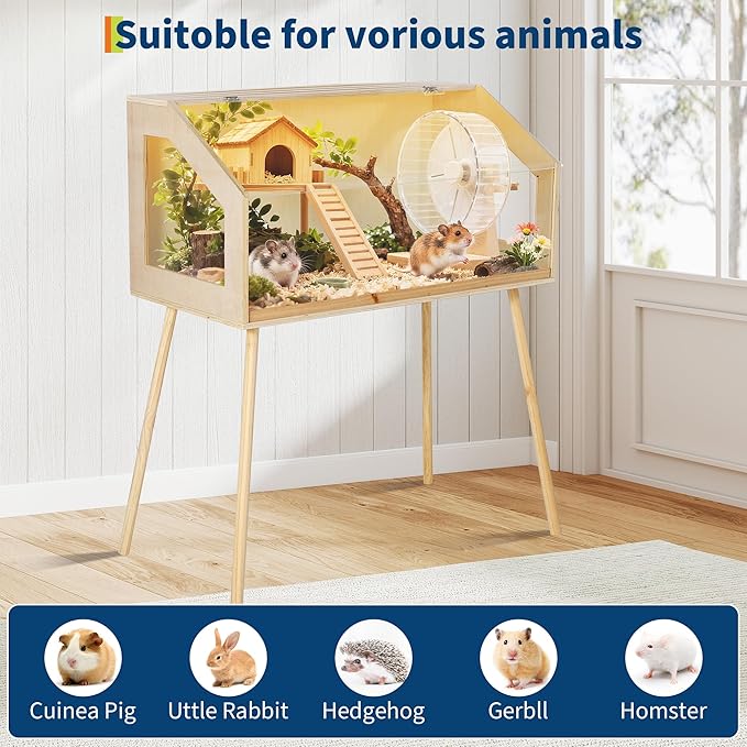 Wooden Hamster Cage with Legs, 32" L x 16" W x 40" H Guinea Pig Cages Chew Proof,Large Hamster Habitats Enclosure with Acrylic Window & Openable Top for Guinea Pig, Chinchilla, Gerbil