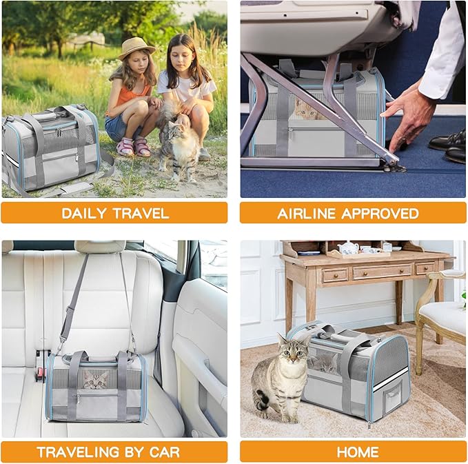Cat Carrier Dog Carrier TSA Airline Approved for Small Dogs Cats Under 15 lbs, Collapsible Soft Sided Travel Pet Carrier for Puppy Kitten, Light Grey