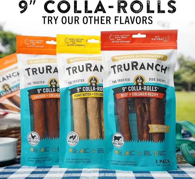 Collagen Rolls - 9" Collagen Rolls for Dogs - Long Lasting Healthy Joint Support - Rawhide Alternative - Skin & Coat Health - Made with Real Peanut Butter, Value Pack, 15 Bags, 45 Count