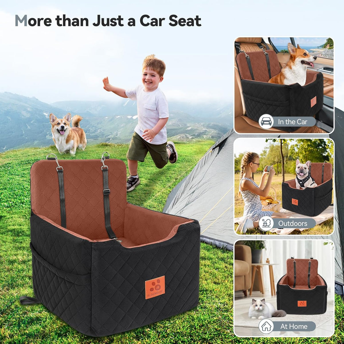 Dog Car Seat for Small/Medium Dogs Under 35lbs,Memory Foam Dog Booster Seats,Detachable and Washable Traval Pet Car Seat, Dogs Bed with 2 Safety Belts(Balck/Brown)
