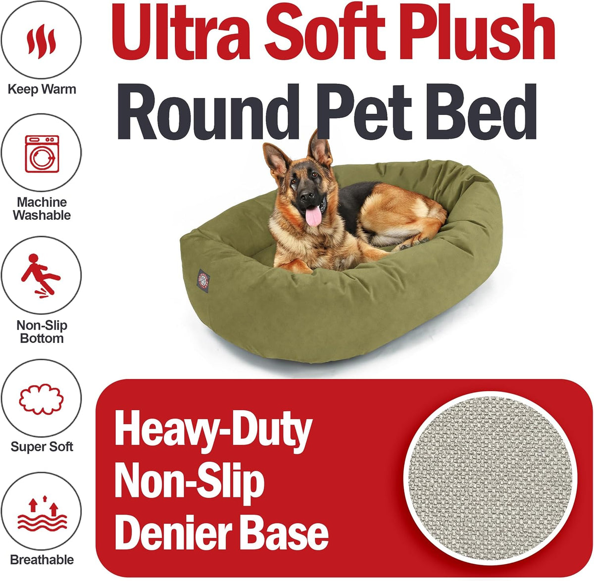 Majestic Pet 52 Inch Suede Shredded Memory Foam Mix Calming Extra Large Dog Bed Washable 52 x 35 x 11 (Inch) - Cozy Soft Round Donut Dog Bed with Spine for Head Support - Pet Bed Sage