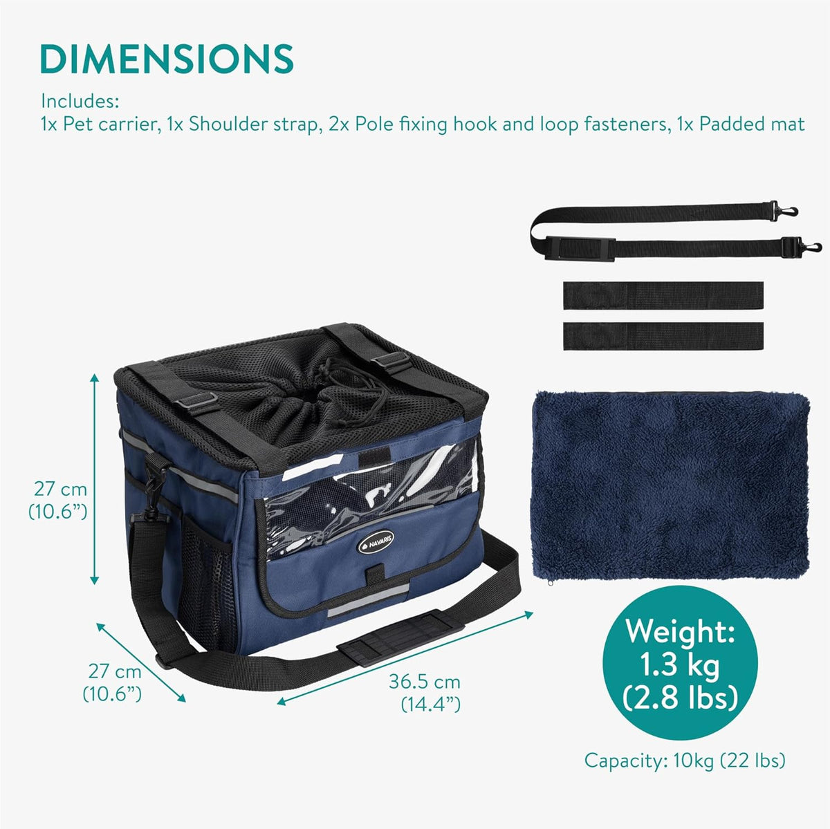 Navaris Pet Carrier for Bikes - Bike Basket Dog Carrier - Ideal Carriers for Small to Medium Dogs Up to 10kg (22lbs) - Drawstring Bag with Secure Locks and Strap - Blue