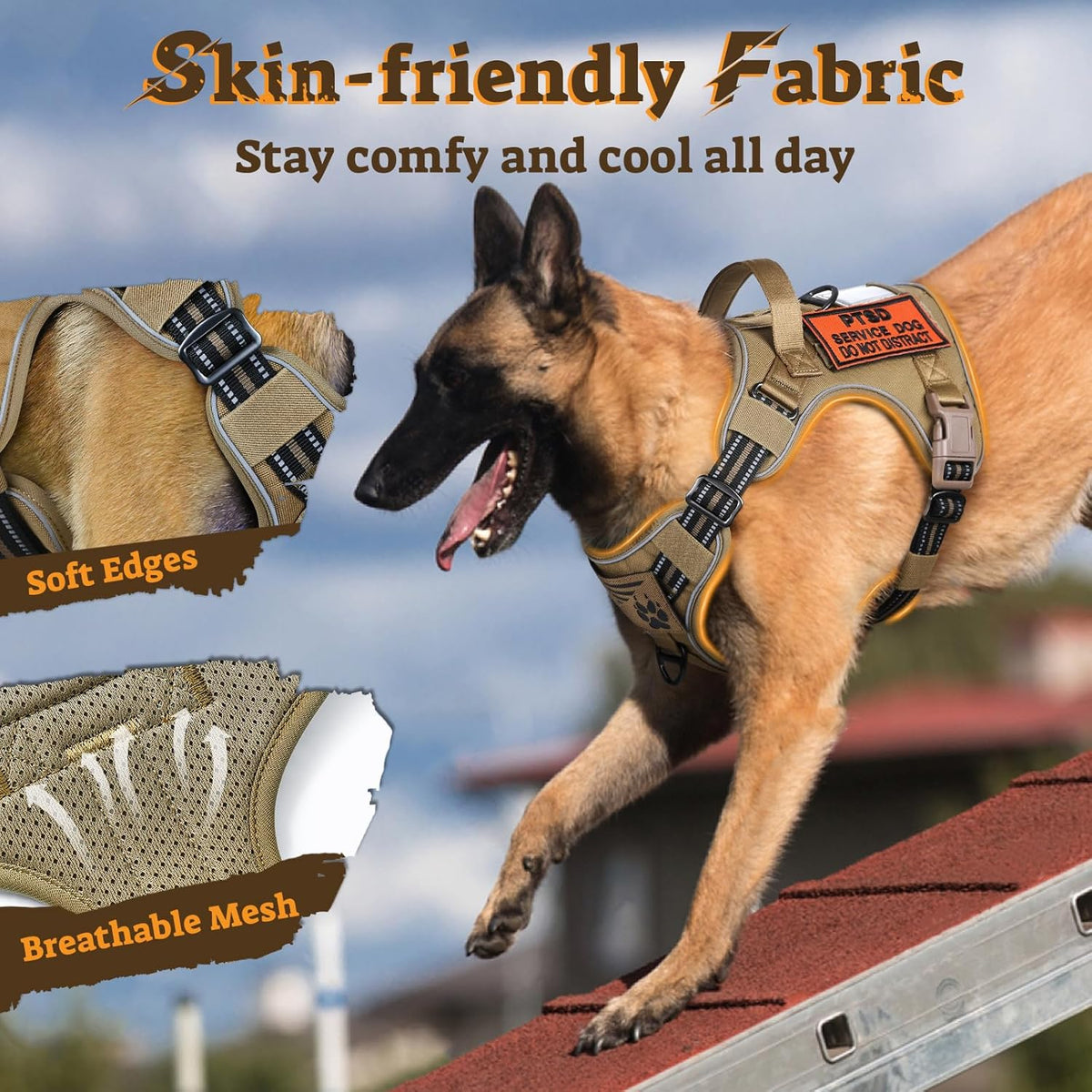 rabbitgoo Dog Harness for Large Dogs No Pull, Tactical Service Pet Vest with Molle and Control Handle, Adjustable and Reflective Military Harness for Easy Walking and Training, Brown, XL