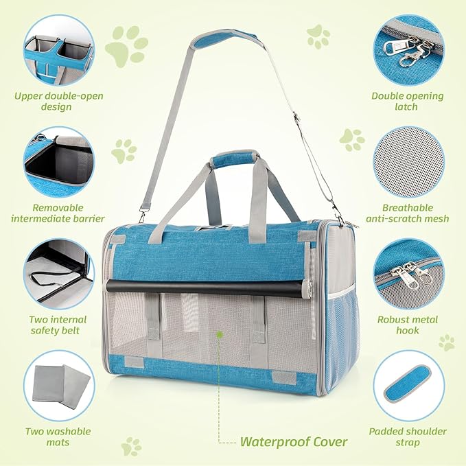 Large Cat Carrier for 2 Cats, 21.7x 13.8x 13.8in Pet Carrier for Cat and Dog Up to 38lbs, All-Sided Mesh Cat Carrier with Great Ventilation, Portable Soft Sided Pet Carrier for Traveling(Blue)