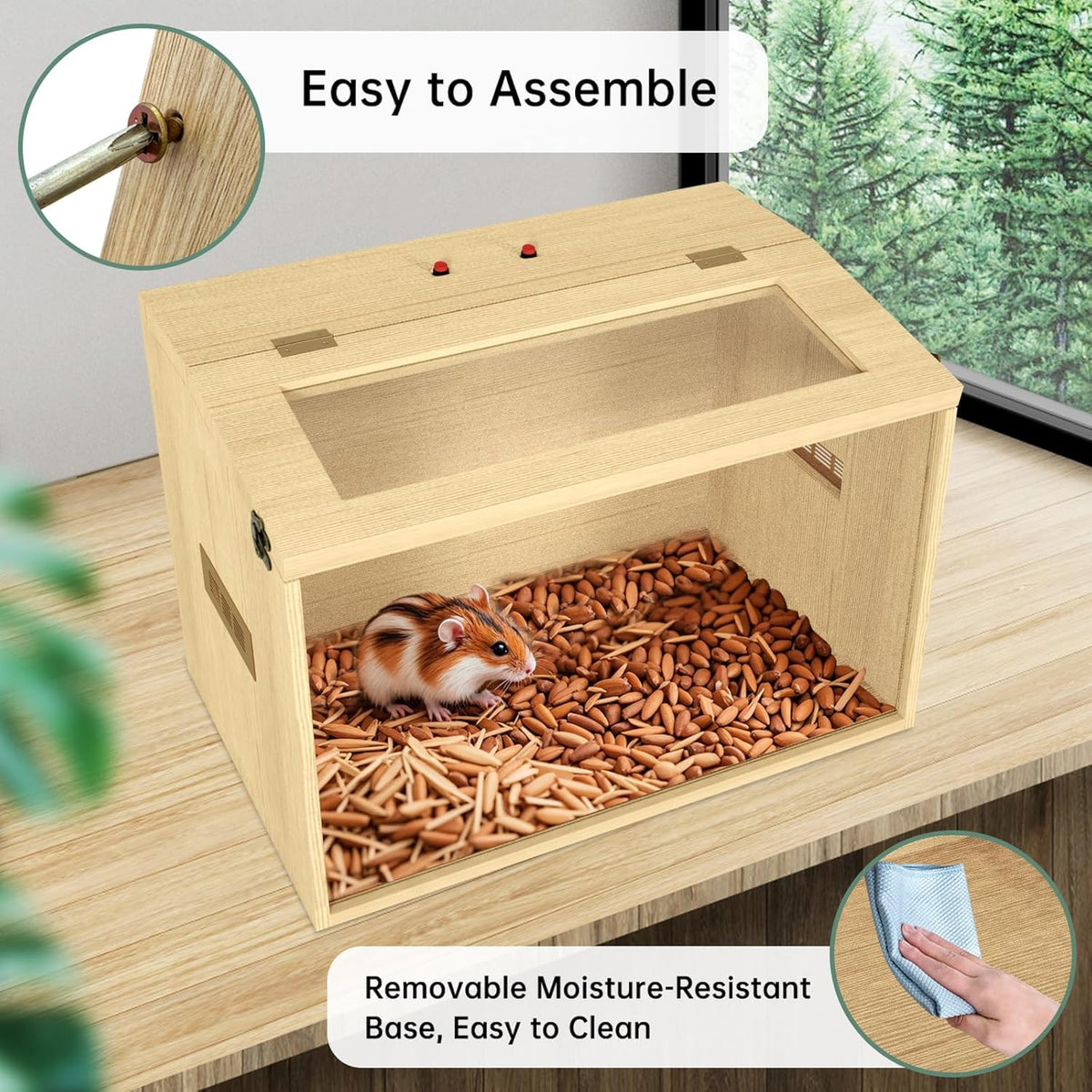 24" Hamster Cage, Top Opening Lockable Roof Door Gerbil Cage, Dwarf Hamster Cage with Hygrometer, Mice and Small Animal Habitat, Chewproof Syrian Hamster Enclosure, (Wooden, 24" L x 16" W x 16" H)