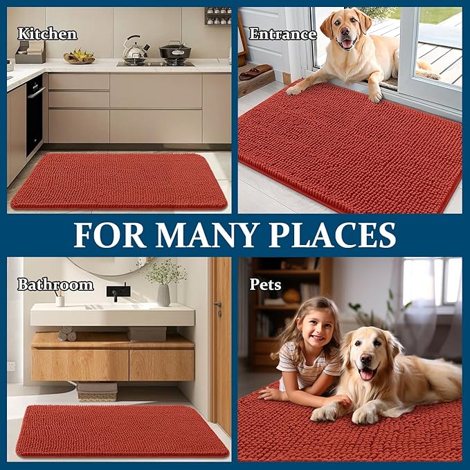 OLANLY Dog Door Mat for Muddy Paws 44x24, Absorbs Moisture and Dirt, Absorbent Non-Slip Washable Doormat, Quick Dry Chenille Mud Mat for Dogs, Entry Indoor Entryway Carpet for Inside Floor, Maple Red