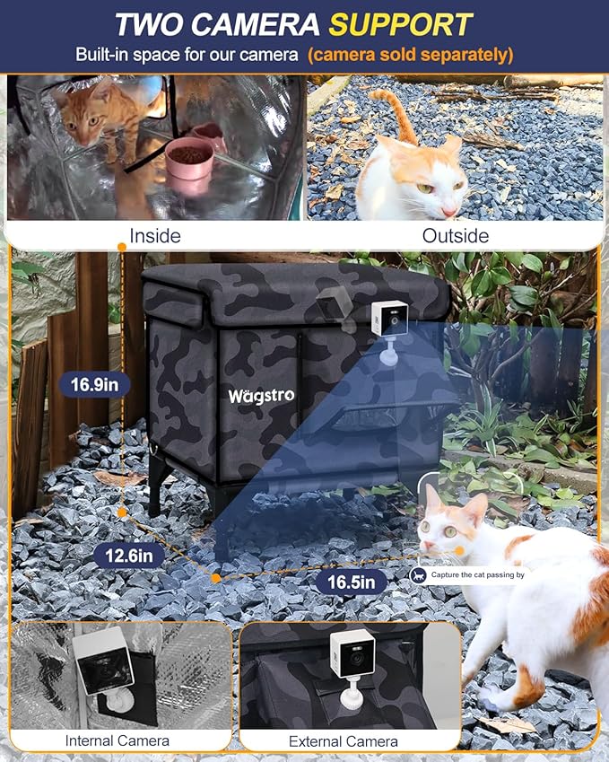 Heated Cat House for Outside, Insulated Weatherproof Heated Outdoor Cat House with Waterproof Eaves & Escape Door, Elevated Outdoor Cat Shelter for Feral Stray Cat (Black Camo, 16.5"x12.6"x16.9")