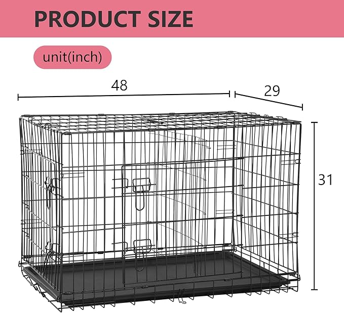 FDW Extra Large Dog Crate Dog Kennel Cage with Double Door,48 inch Folding Metal Wire Dog Cage with Removable Tray&Divider Panel,Pet Crate for Large Dogs,Black