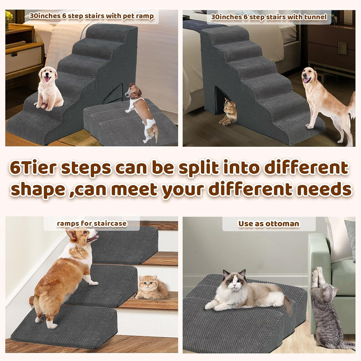Dog Stairs & Steps Ramps for High Beds 30 inches High Tall, LitaiL 6 Step Pet Stairs Steps for Small Large Dogs, Non-Slip Dog Ramps with 3 Pack Ramps for Staircase