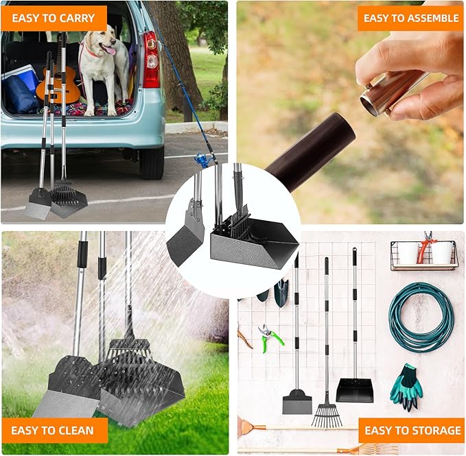 Dog Pooper Scooper, Adjustable Handle Poop Scooper with Tray,Rake and Spade Set of 3, Steel Stainless Poop Scoop for Medium Large Dogs and Pet Waste on Grass, Dirt and Gravel (Large Size)