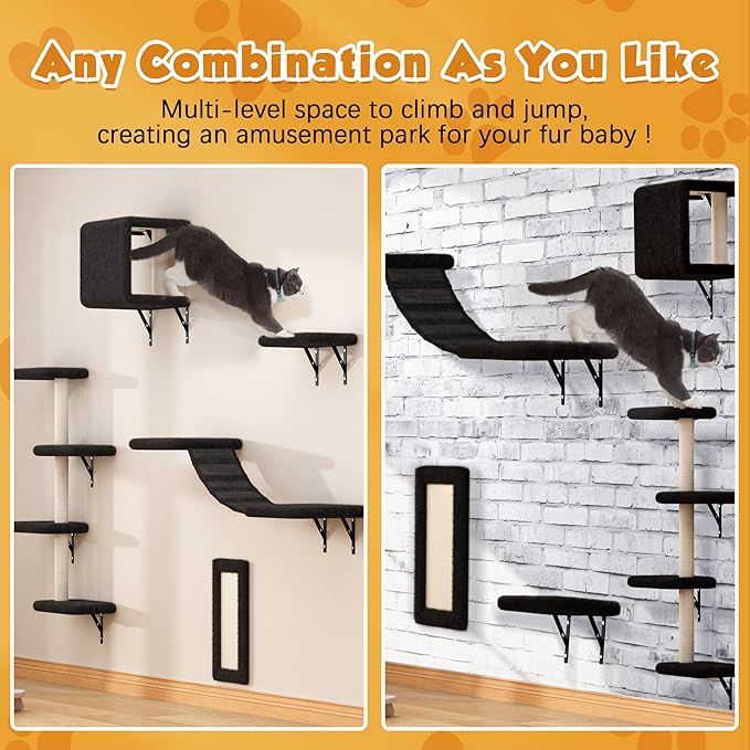 COZIWOW Wall Mounted Cat Furniture, Cat Wall Shelves and Perches, Floating Cat Shelves for Wall Set of 5 (Black)