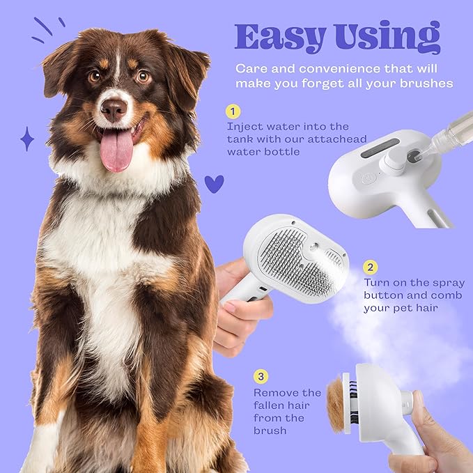 Rechargeable Silicone 3 in 1 Pet Hair Removal Tool - Self Cleaning Steamy Brush for Massage, Shedding & Grooming - Cat & Dog Hair Remover