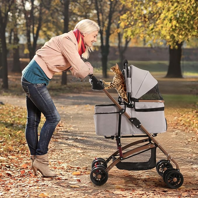 3-in-1 Foldable Pet Stroller for Medium Dogs & Cats (50lbs) - Detachable Carrier, Car Seat, Storage Basket, 5" Lockable Wheels