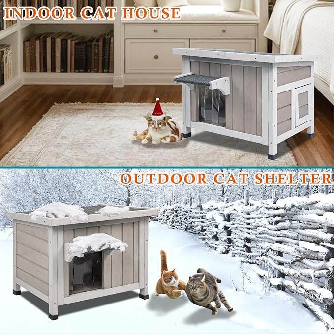 Insulated Cat House Outdoor Cat Shelter for Feral Cats in Winter,All-Round Foam Insulation Weatherproof Wooden Cat Houses for Cats Rabbits and Small Animals with Escape Door Open Roof