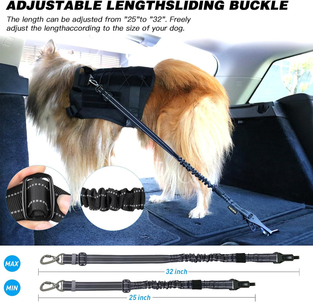 AUBELL Dog Seat Belt for Car,2 Pack Set 3-in-1 Adjustable Reflective Bungee Heavy Duty Dog Car Harness Tether with Clip Hook Latch & Buckle,Swivel Zinc Alloy Carabiner,Black+Black