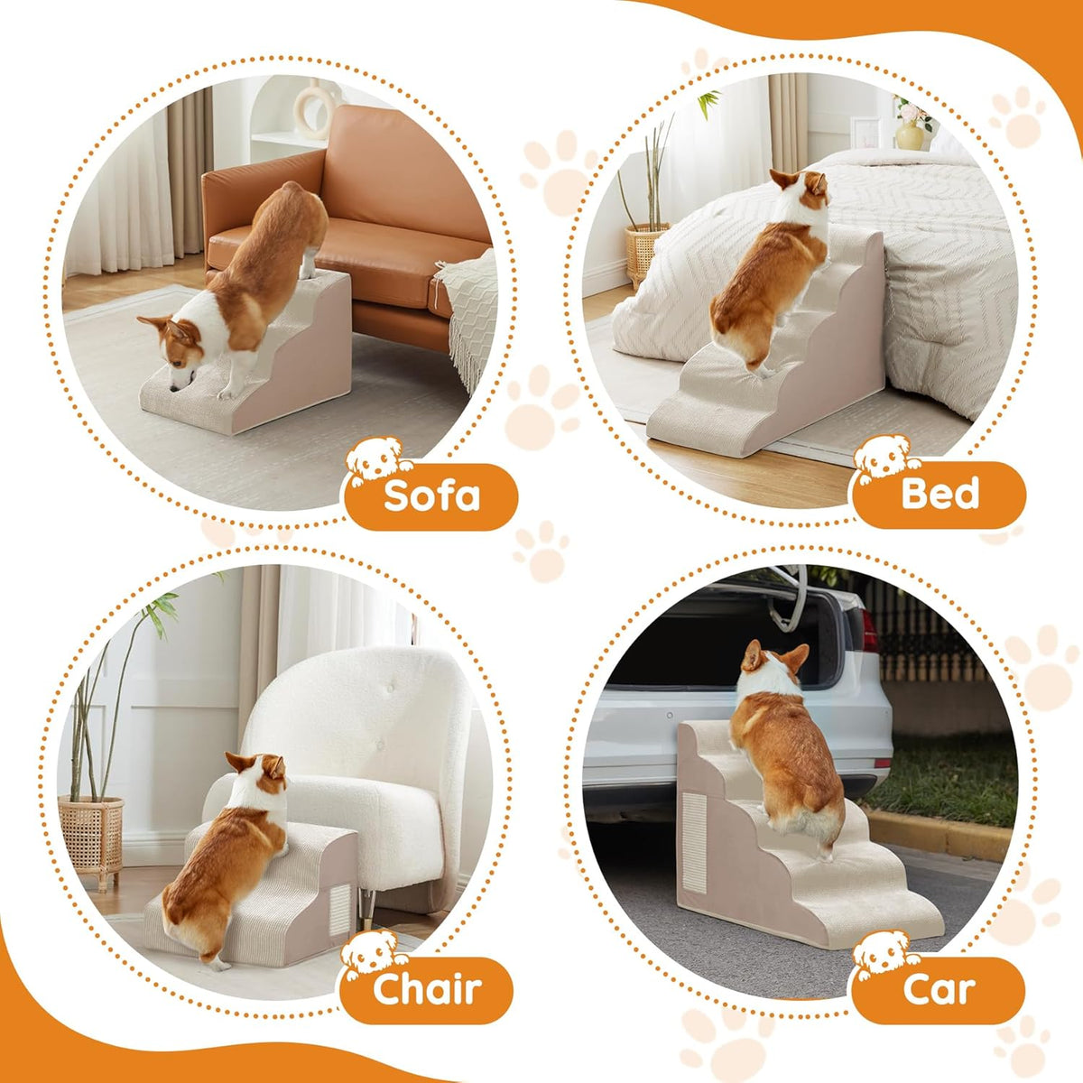 Pet Stairs, Dog Stairs for Small Dogs, Dogs Steps, 5-Step Curved Dog Ramp for Bed, Couch, Sofa, Car and Chairs, Non-Slip Bottom Design, Cat Scratching Board, High Density Foam Portable Pet Step, Beige