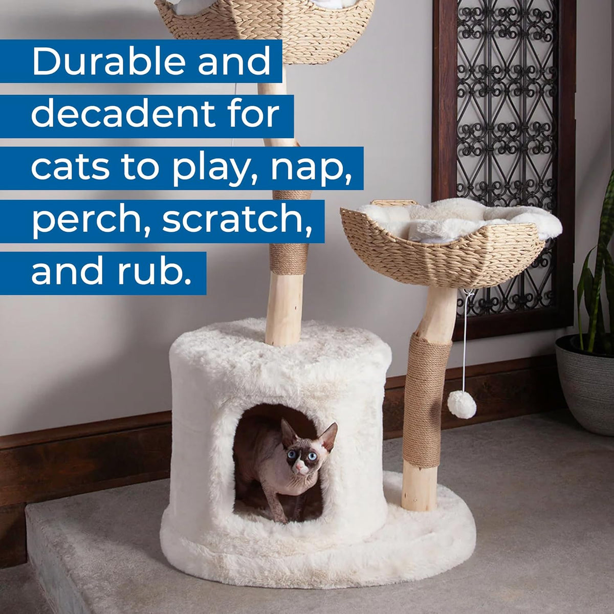 The Bungalow Cat Tree - Luxury Cat Condo, Large Modern Indoor Tower with 2 Faux Fur Beds, Scratching Posts, Toys, and Den for Cats, 23.5-Inch Width x 18-Inch Depth x 43-Inch Height