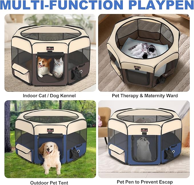 Aivituvin Dog Playpen, Foldable Pet Play Pens with Carrying Bag for Cat, Puppies, Rabbits, Portable Dog Tent Crates Cage for Travel Camping Indoor Outdoor, Removable Shade Cover, Blue S