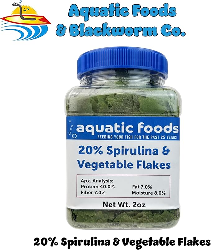 Aquatic Foods Inc. Premium Spirulina & Vegetable Flakes with 20% Spirulina for African Cichlids, Angle Fish, All Tropical Fish Also Pellet Mix, Wafer Mix Included…2oz