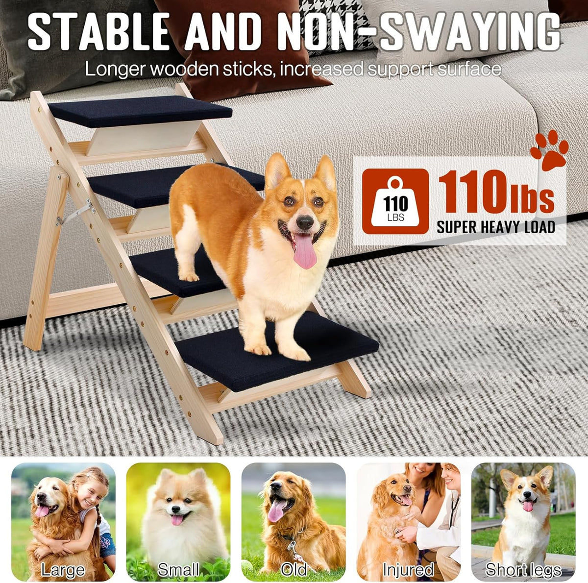 Wood Dog Stairs/Pet Steps, 2-in-1 Foldable Wooden Pet Ramp with Non-Slip Pet Stairs for Small to Medium for Bed,Sofa, Couch, Car, Indoor Pet Dog Cat 4 Steps Stairs Ladder Up to 110 Pounds