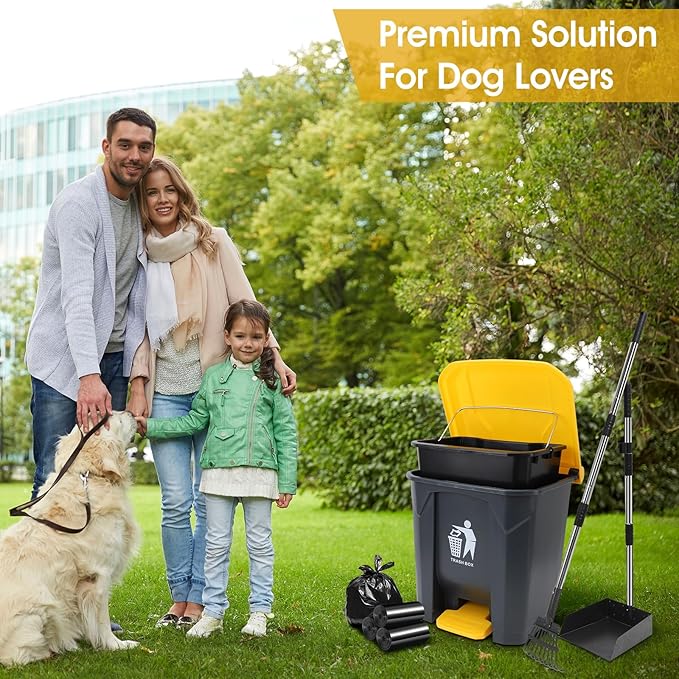 Dog Pooper Scooper, 20L Large Dog Poop Trash Can Outside with Removable Inner Bucket, Poop Trash Can for dog Outdoors with 90 Waste Bags, 37inch Long Handle Stainless Metal Tray & Rake