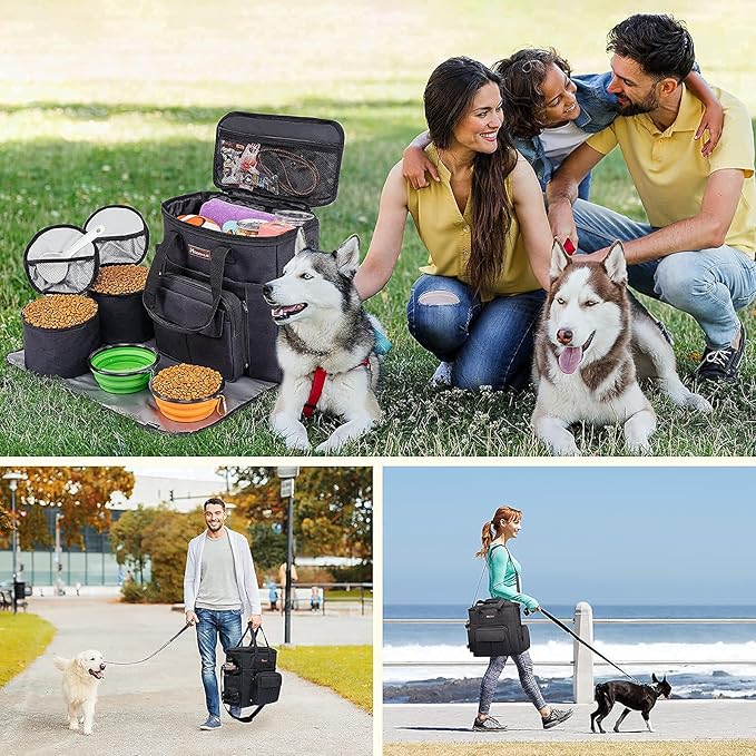 Modoker Dog Travel Bag with 2 Collapsible Dog Bowls, 1 Dog Backpack, Airline Approved Pet Travel BagOrganizer for Supplies & Accessories, 2 Travel Dog Food Container, Black