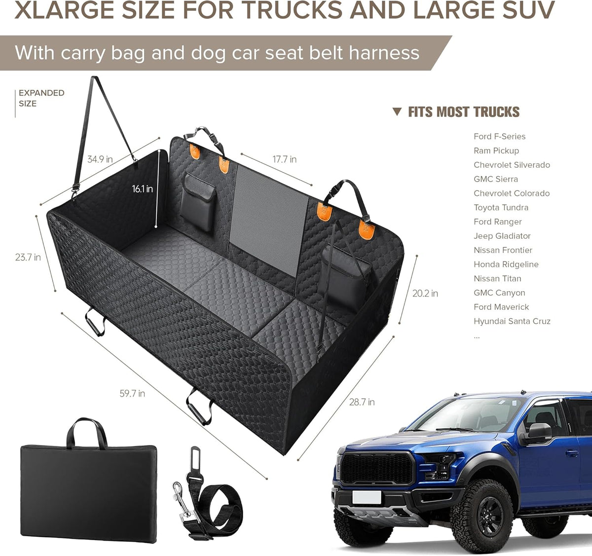 SHARLOVY XL Truck Back Seat Extender for Dogs, Large Hard Bottom Dog Car Seat Cover for Back Seat, Heavy Duty Dog Car Hammock, Waterproof Pet Seat Covers for Trucks, F150, Ram1500 and Large SUV