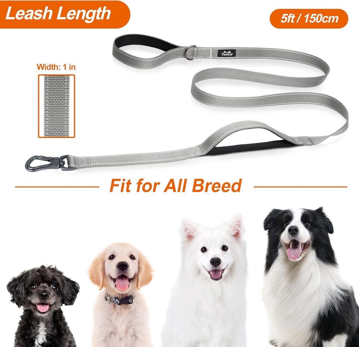 TwoEar 4FT 1IN Strong Gray Dog Leash with 2 Padded Handles, Traffic Handle Extra Control, Comfortable Soft Dual Handle, Auto Lock Hook, Reflective Walking Lead for Small Medium and Large Dogs