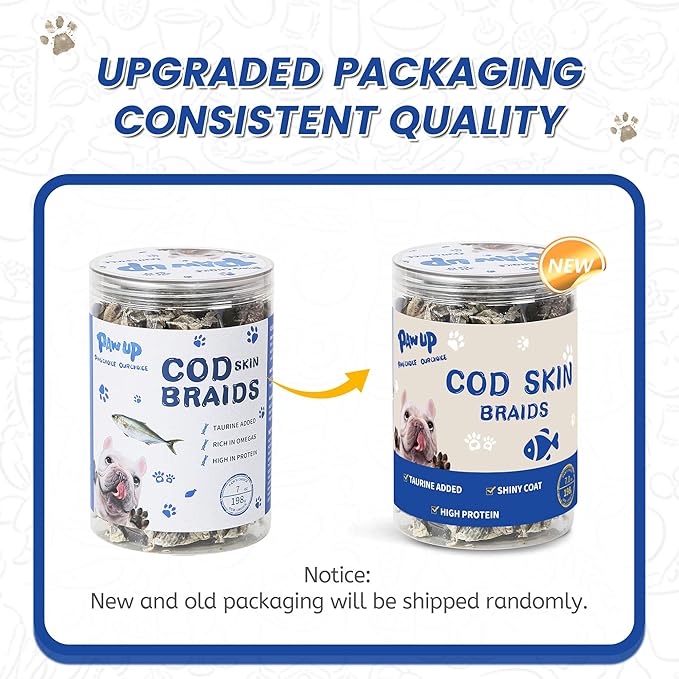 PAWUP Cod Fish Skin Braids Dog Treats Natural Dried Dog Snacks Sticks, High Omega-3 Single Ingredient Cod Skin Chews w/Taurine, 7 oz